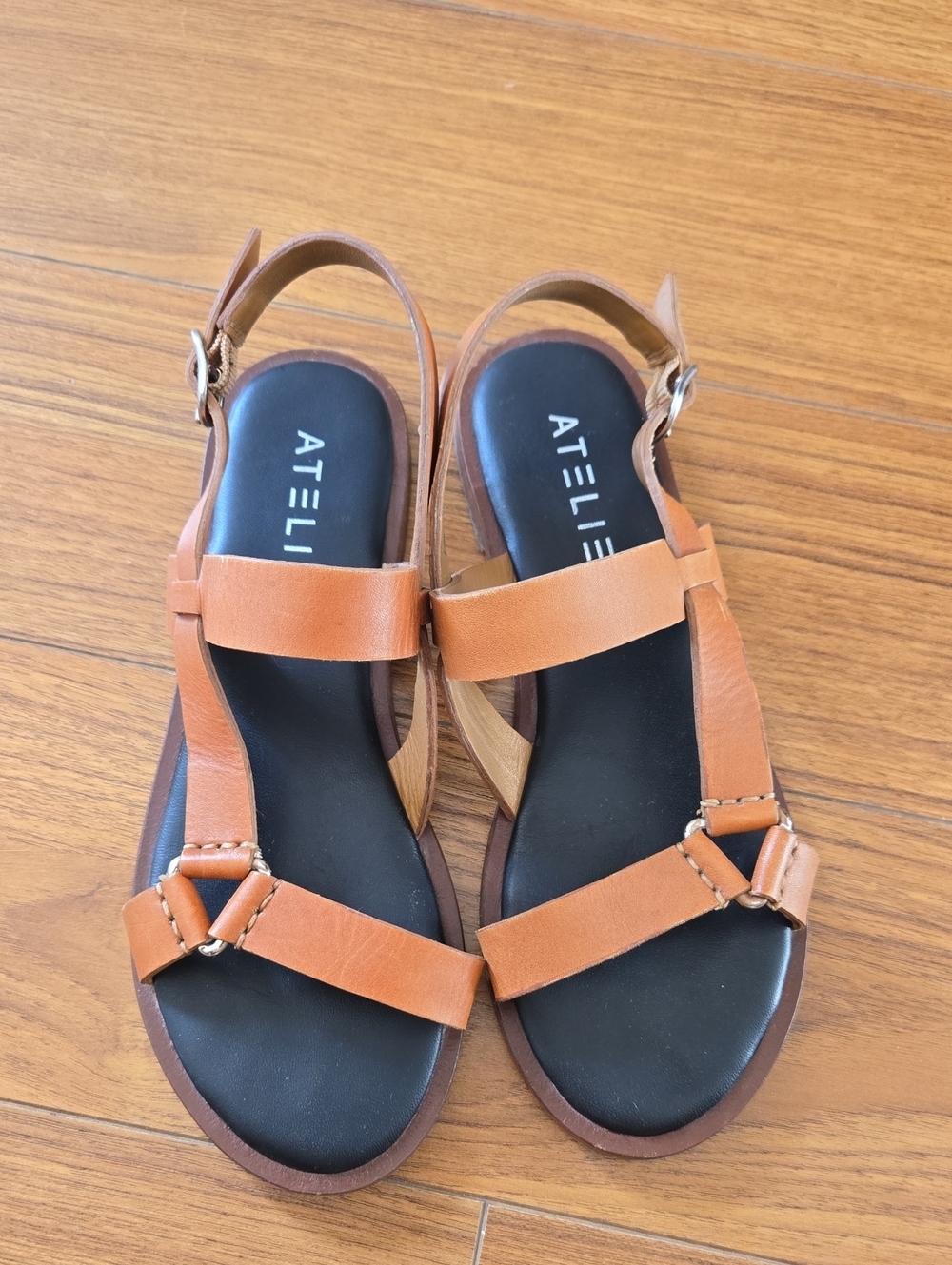 Atelier Tan Leather T-Strap Sandals with Adjustable Ankle Strap